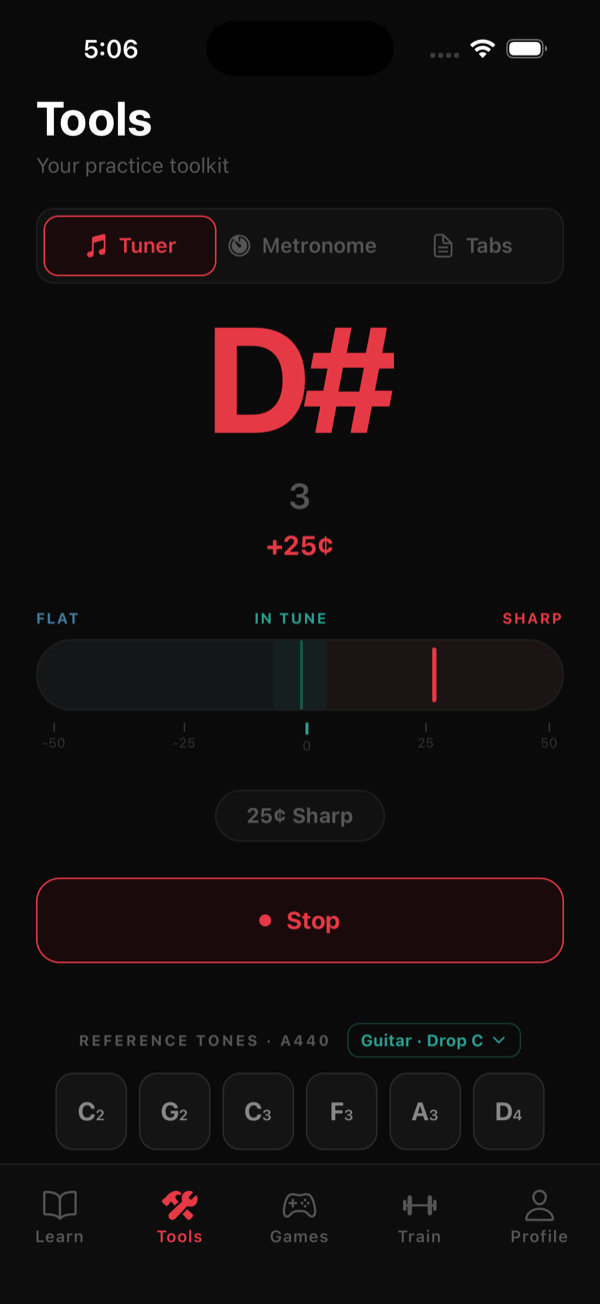 Fretwerk chromatic tuner with reference tones